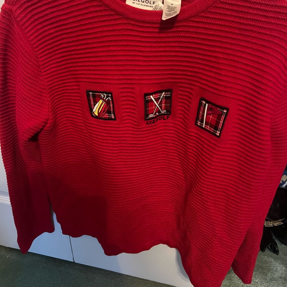 Izod Red Sweater with Plaid Golf Motifs
